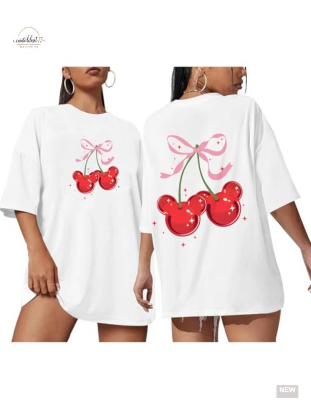 Cherry Bow Graphic Oversized Women's T-Shirt Cotton Blend Summer Tee